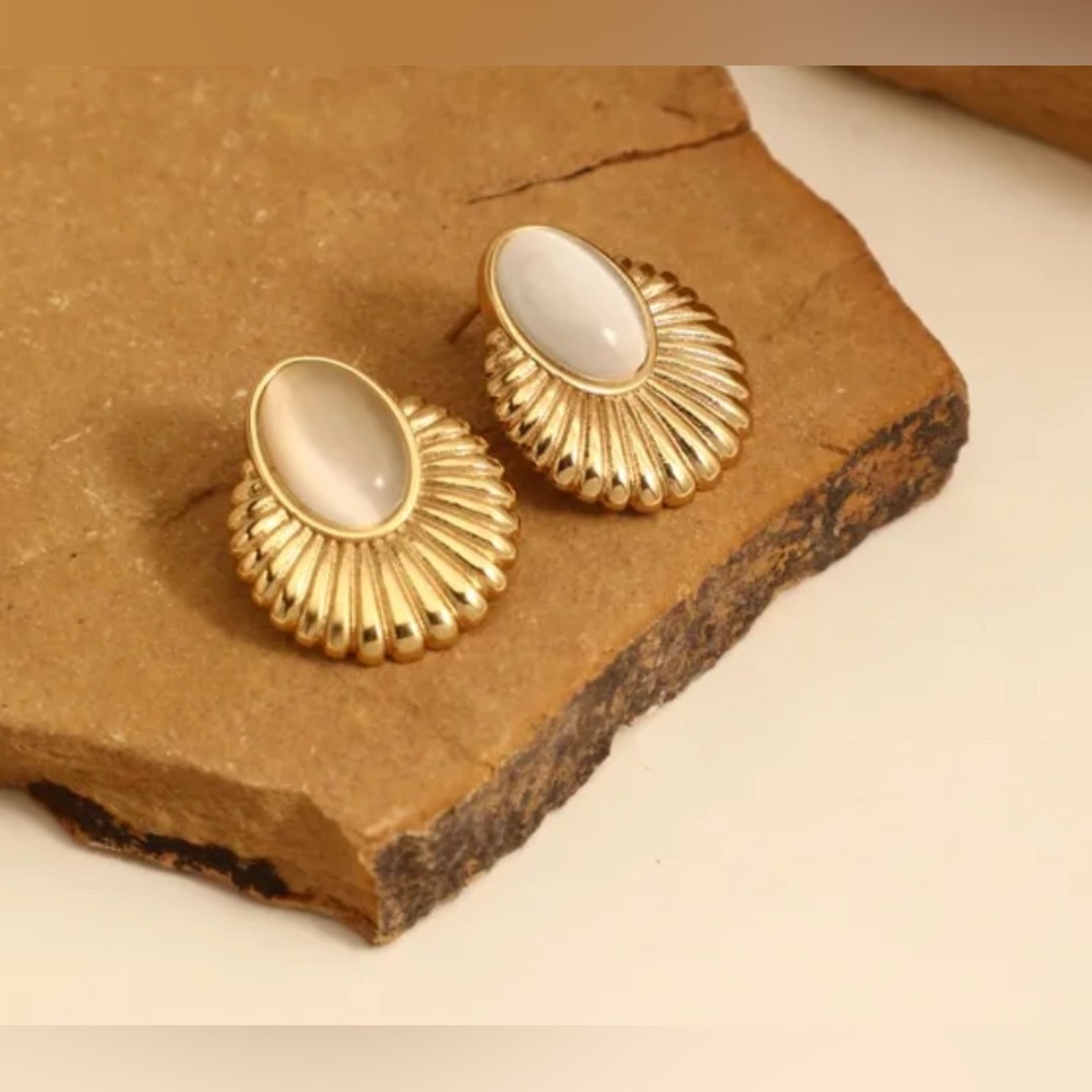 Gold Oval Fan Statement Earrings Vintage Inspired Studs
